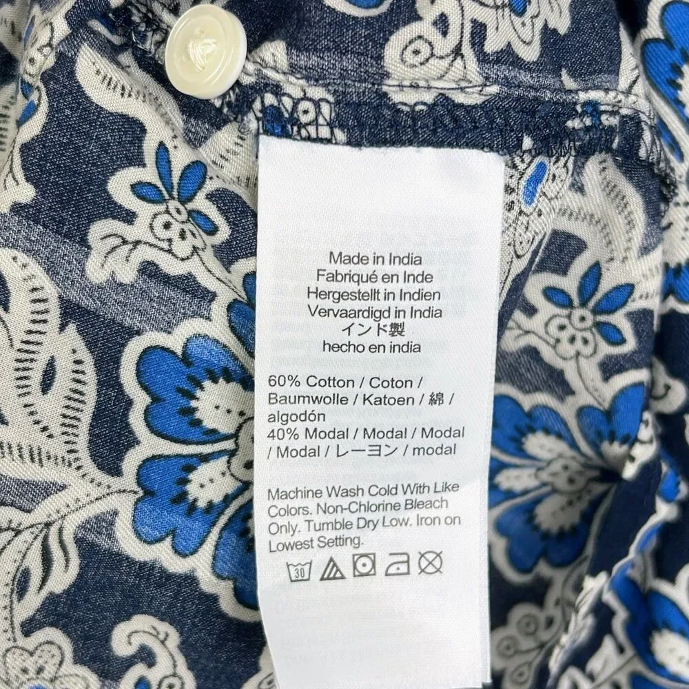 J.Crew V Neck Tie Top Floral Cotton Blend Dobby Blue Floral Long Puff Sleeve M